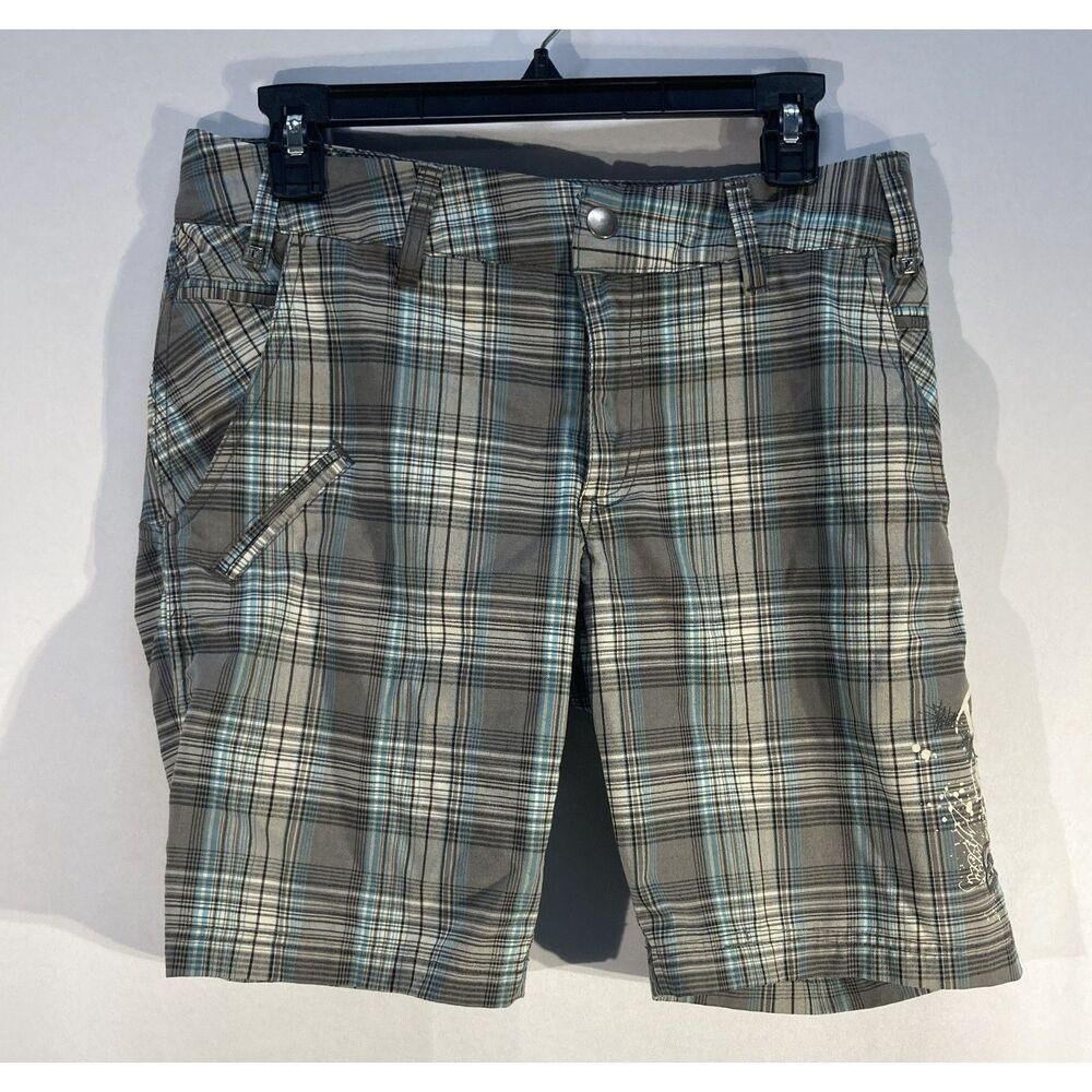 Vintage Fox Racing Plaid Walkshorts Grey Turquoise Blue Men's Size Medium Y2K